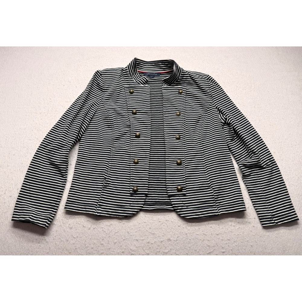 Tommy Hilfiger Womens Navy White Striped Military Button Knit Blazer Jacket L